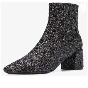 XYD Black Glitter Zip Low Block Heel Ankle Boot Round Toe Dress Booties